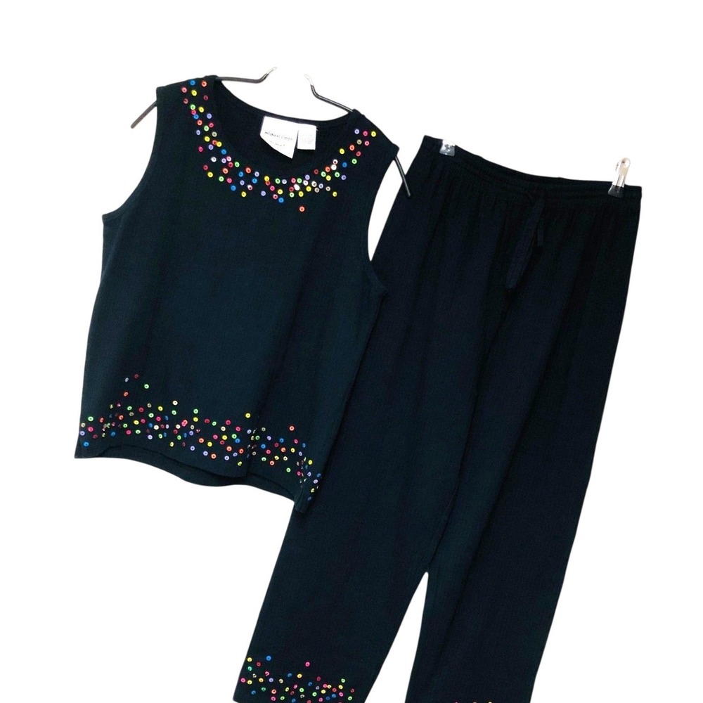 Y2K Michael Simon Black Crop Pant Set Sequins Office Cotton Whimsigoth‎ Womens S